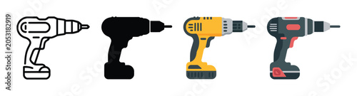 Bild auf Leinwand Electric power drill icon set, home improvement and carpentry tool symbols vector design