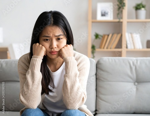 Portrait of a young Asian woman looking sad, resting her face on her hands while sitting on a sofa in a living room
