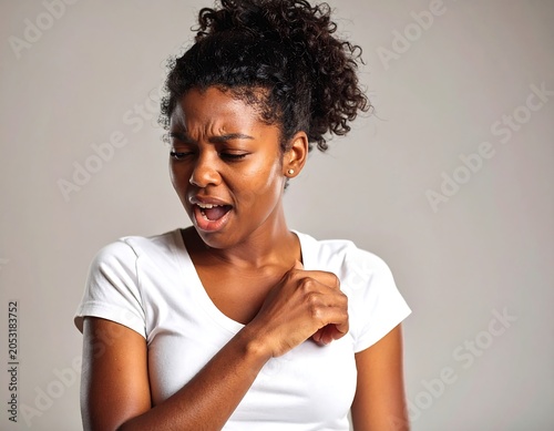 Portrait of a young Black woman reacting with discomfort, eyes closed, hand touching her shoulder, and wearing a white top
