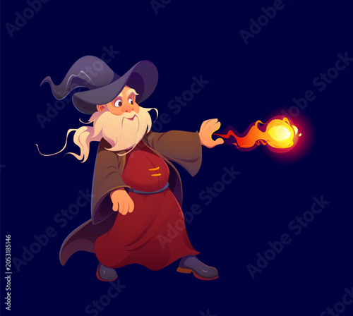 Foto Cartoon bearded magician wizard in wide brimmed hat throws a flame magic spell from his palm