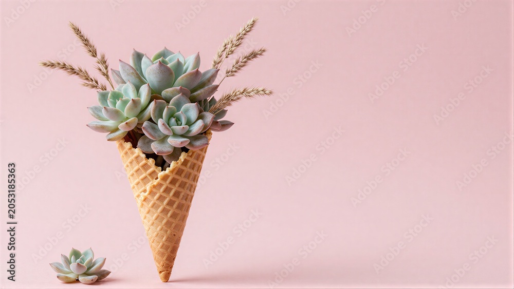 Obraz premium Succulent in waffle cone with wheat stalks pink background small