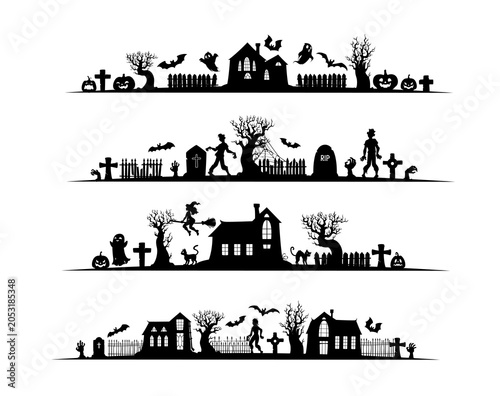Photos Halloween dividers, separators and border frames with haunted houses, trees and gravestones, vector silhouettes
