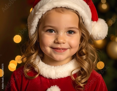 Portrait of a young child in a Santa hat and dress, with a blurred Christmas tree background. The girl is smiling