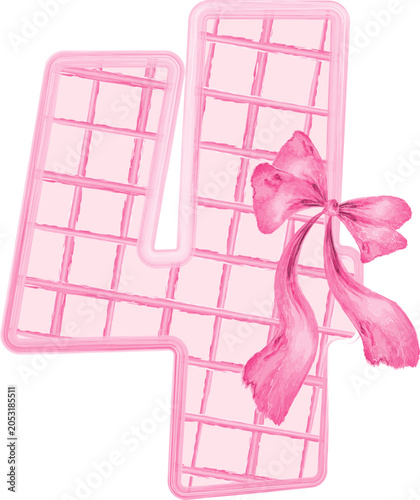Pink Watercolor Decorative Number 4 with Bow Ribbon, Feminine Plaid Typography Illustration