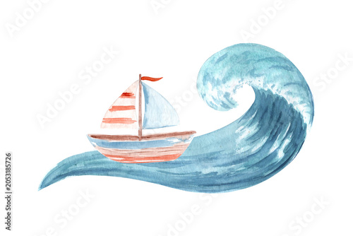 Watercolor sailboat on ocean wave illustration. Hand painted coastal clipart in soft blue and coral colors. Nautical nursery design element for invitations, stationery, textiles and children's decor