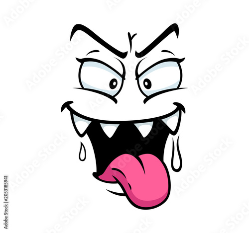 Konstfotografi Evil smile emoji of hungry monster with saliva on teeth for cartoon face expression icon