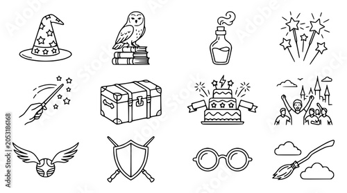 Bild auf Leinwand Fantasy Magic Icons: Wizard Hat, Owl, Potion, Wand, Chest, Cake, Broomstick, Gla