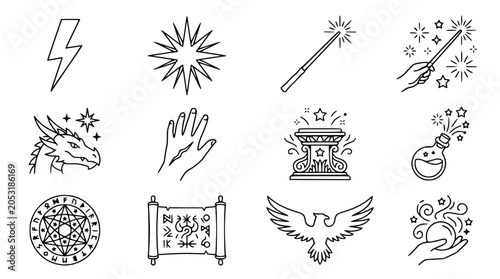 Fotografie Mystical Magic Icons: Fantasy Symbols, Wizardry Tools, Enchantment Elements