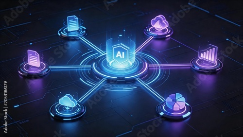 AI workflow hub connecting analytics cloud and business automation nodes