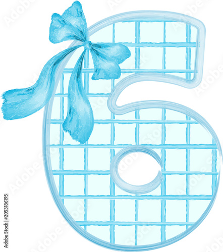 Blue Watercolor Decorative Number 6 with Bow Ribbon, Cute Feminine Monogram Illustration