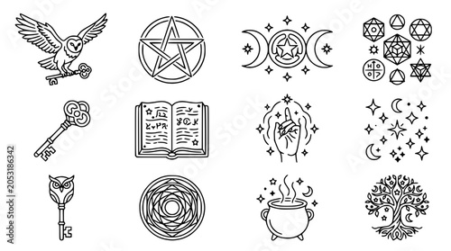 Bild auf Leinwand Mystical Symbols Collection: Owl, Key, Pentagram, Magic Book, Cauldron, Tree of