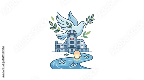Foto Hiroshima Peace Memorial and Dove Illustration