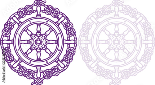Bilde på lerret Ship Steering Wheel with Nautical Rope Border in Purple Vector Illustration Amer