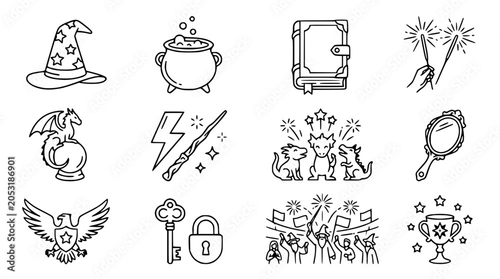 Fototapeta premium Fantasy Magic Icons Set: Wizard Hat, Cauldron, Spellbook, Wand, Dragon, Eagle, Key, Mirror