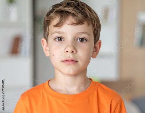 Portrait of a young child with brown hair and eyes, wearing an orange t-shirt, looking directly at the viewer. Soft background