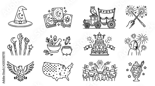 Fotografie Magical and Celebration Icons Set: Wizardry, Fantasy, Holiday, and USA Themes