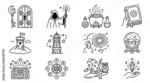Fantasy Icons: Magic, Mystery, and Adventure Elements - Line Art Collection