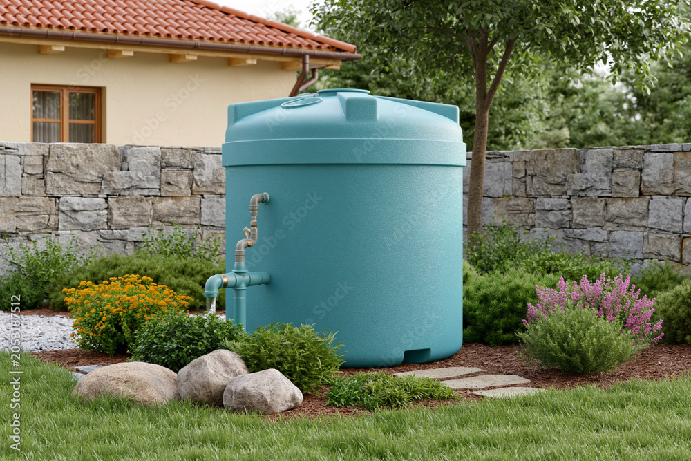 Obraz premium Cylindrical water tank sits beside stone wall. Green grass surrounds the tank with rocks. Flowers bloom in vibrant colors around the base. House with red roof and beige walls in background