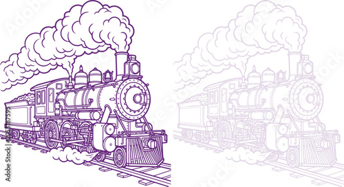Bild auf Leinwand Steam Locomotive Train Illustration with Smoke and Outline Sketch Style American