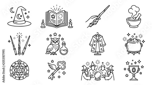 Foto Magic and Wizardry Icons: Spellbook, Wand, Potion, Owl, Cauldron, Crystal Ball,