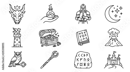Fantasy Icons Set: Dragon, Potion, Knight, Moon, Castle, Chest, Book, Volcano, Owl