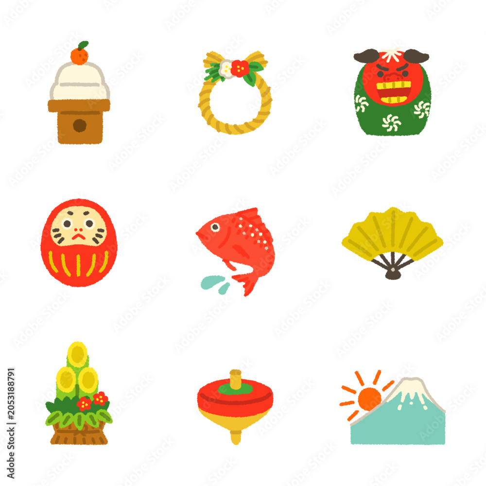 Fototapeta premium お正月 縁起物 アイコンセット 手描き 和風 かわいい イラスト