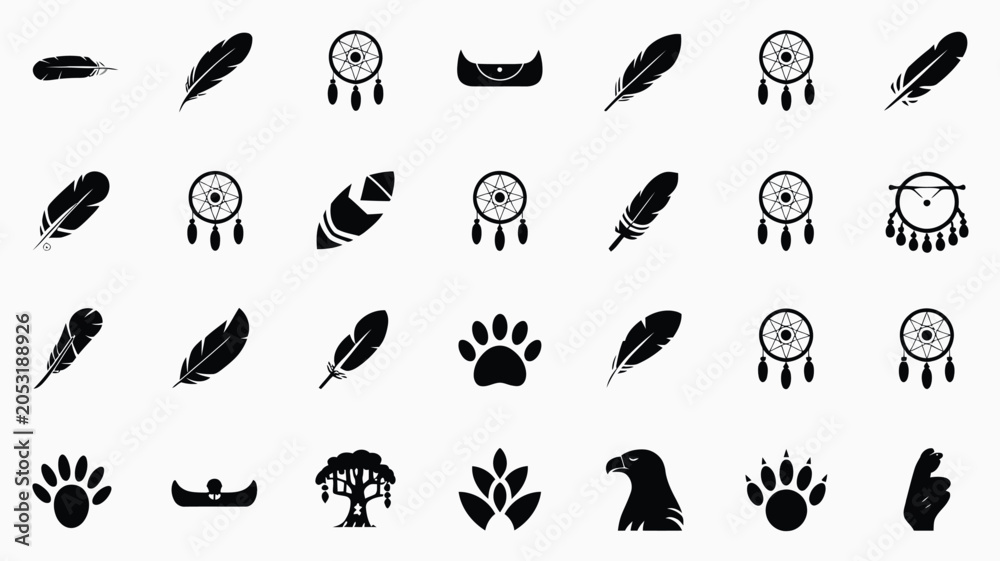 Fototapeta premium Indigenous culture flat icons collection including feathers dreamcatchers and animal paws.
