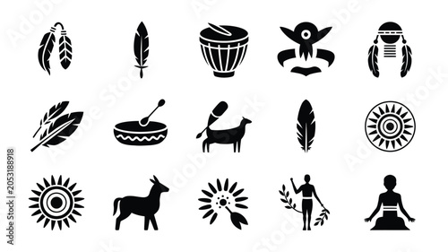 Billede på lærred Assorted tribal vector icons featuring animal spirits dancers and ceremonial drums motifs