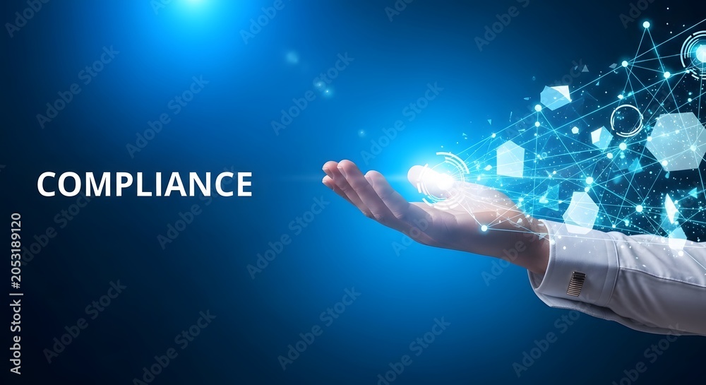 Obraz premium Compliance technology concept hand holding digital network for regulatory adherence