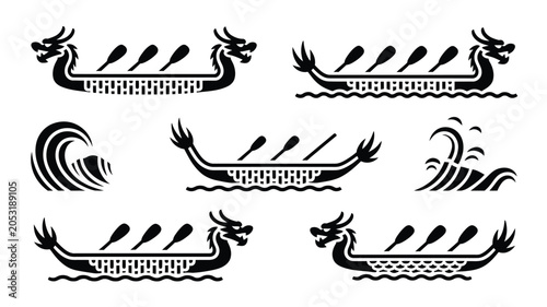 Detailed dragon boat illustrations with rowing crew silhouettes and stylized ocean waves.