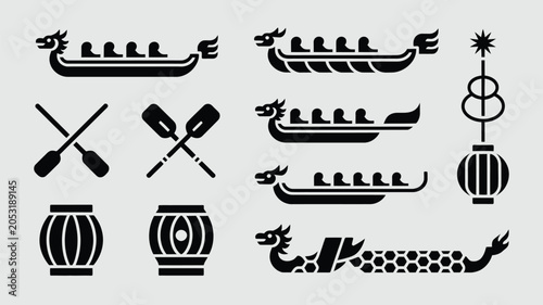 Photos Set of minimalist dragon boat racing icons featuring traditional watercraft and equipment