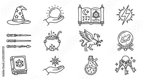 Canvas Print Magic and Wizardry Icons Set: Witch Hat, Crystal Ball, Potion, Wand, Spellbook