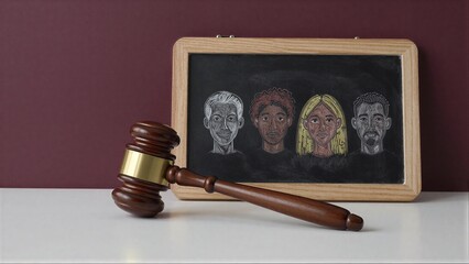 Gavel beside chalkboard with diverse faces symbolizing justice and