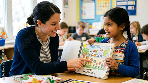 Teacher mentors a young female student while reviewing her creative artwork in an educational portfolio at school.