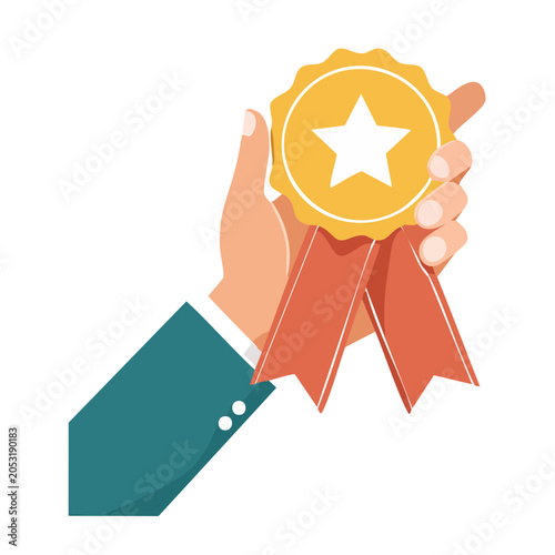 Hand holding a golden award ribbon with a star