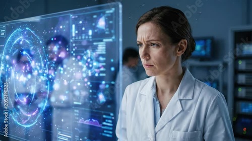 Woman scientist in lab with digital screen, futuristic research interface, holographic analysis and modern laboratory technology