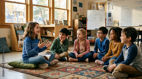 Students sit in a circle on the floor to participate in a classroom discussion while their teacher encourages them to share ideas about their lesson during a primary school morning session.