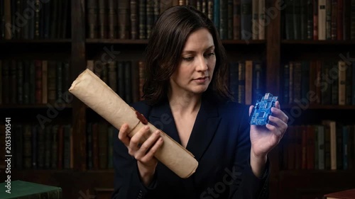 Woman scholar holding scroll and glowing circuit board in library study, book document research knowledge technology
