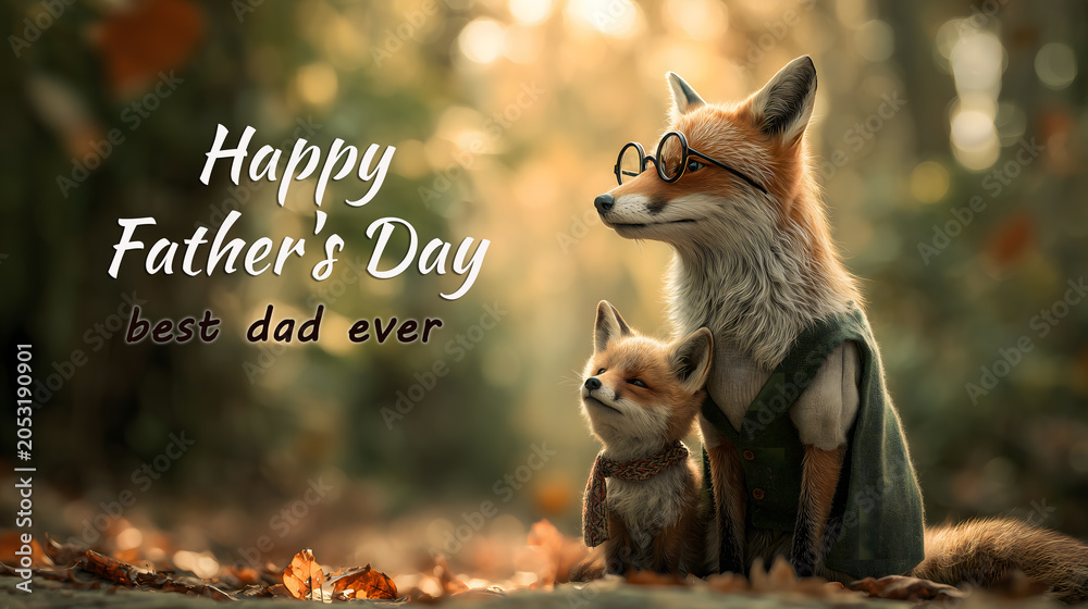 Fototapeta premium Fox dad wearing a vest sitting with his young kit in an autumn forest. Happy Father's Day text overlay. Wildlife family concept, copy space.