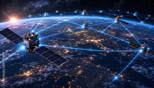 Low Earth Orbit Satellite Network Constellation Above Earth at Night