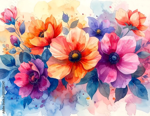 Colorful abstract watercolor floral painting background.