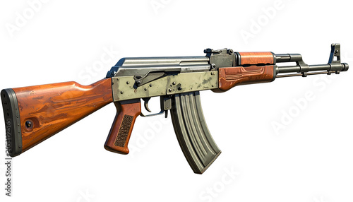 Realistic AK-47 Assault Rifle Wooden Stock Transparent Background Isolated