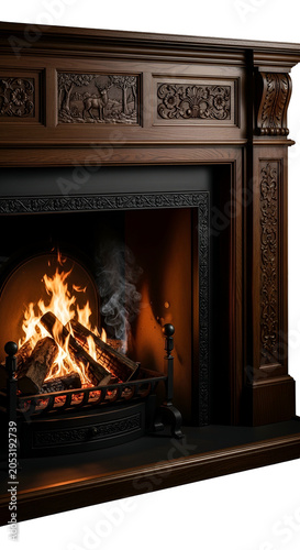 Realistic Antique Wood Fireplace With Burning Logs And Intricate Carvings On White Background