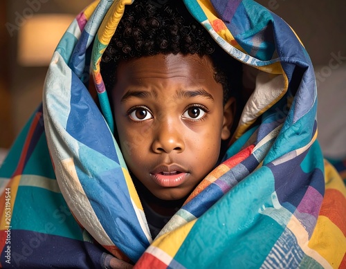 Portrait of a young child wrapped in a colorful blanket, gazing intently at the viewer with wide, curious eyes