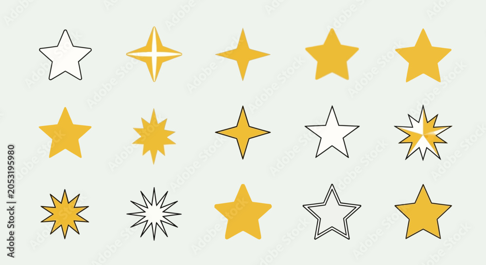 Fototapeta premium Collection of diverse star shapes illustrations, yellow and outline