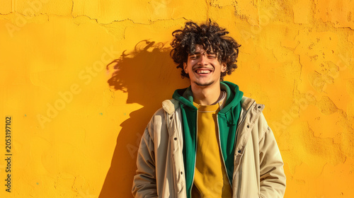 Smiling Young Man Standing Against Bright Yellow Wall in Casual Streetwear Fashion