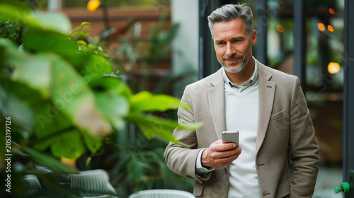 Mature Businessman Using Smartphone While Walking Through Lush Indoor Garden Space