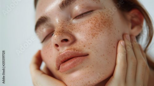 Close Up Portrait of Freckled Young Woman Touching Face with Eyes Closed