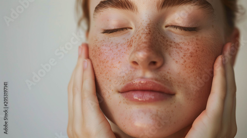 Close Up Portrait of Freckled Young Woman Touching Face with Eyes Closed
