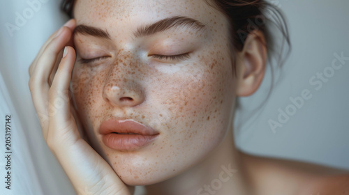 Close Up Portrait of Freckled Young Woman Touching Face with Eyes Closed